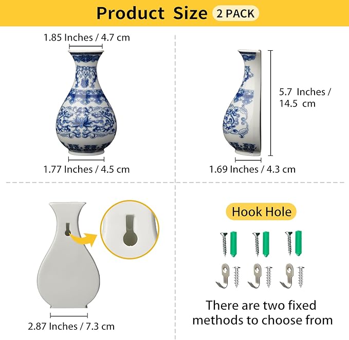 Set of Two Handmade Chinese Blue & White Porcelain Wall Mounted Vases – Chinoiserie Ceramic Flower Vase for Indoor Home Décor, Wall Hanging Vases for Living Room & Bookshelf