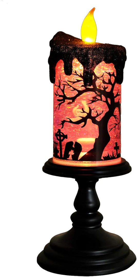 Eldnacele Halloween Snow Globe Candles Lighted Lamp, Battery Operated Spinning Water Glittering Tornado Flameless Candles Table Centerpiece for Halloween Decoration Indoor(Ghost)