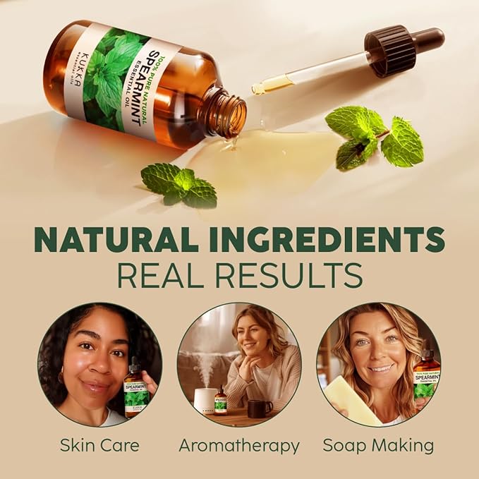 Kukka Spearmint Oil for Facial Hair - 4 Fl Oz - 100% Pure Natural Aromatherapy Spearmint Essential Oil for Skin & Hair Care, Diffuser, Bath Bombs, Soaps and Candles - Soap Making & DIY