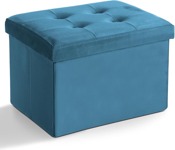 LINMAGCO Storage Ottoman Folding Foot Stool Velvet Foot Rest with Padded Modern Ottoman with Storage for Living Room Puppy Step Stool 17x13x13in(Blue)