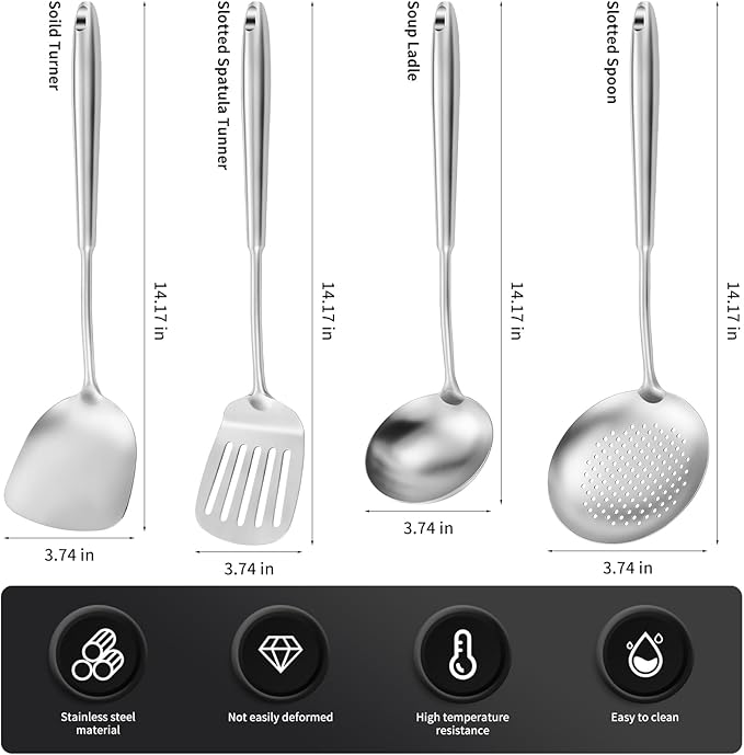 15" Wok Spatula and Ladle,Skimmer Spoon, Slotted Turner Spatula,304 Stainlss Steel Matte Kitchen Utensils Set,4PCS Wok Accessories,Cooking Utensils Tools