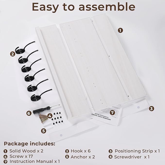 Shelf with Hooks, Coat Rack Wall Mount with 6 Double Metal Hooks, 17 Inch Farmhouse Wall Hooks with Shelf for Entryway, Bathroom, Kitchen, White