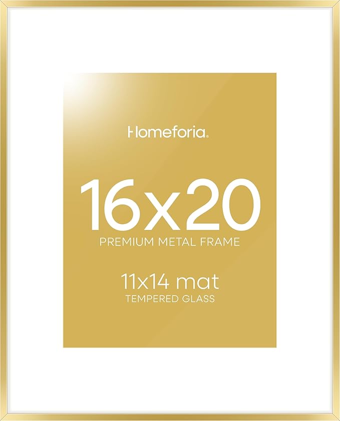 Homeforia 16 x 20 Picture Frame Gold, High End Metal 16x20 Poster Frames with Mat 11x14 Photo, 16 x 20 Gold Frame Matted to 11 by 14 Print, 20x16 Thin Hanging Frame, Tempered Glass, Wall Kit, Set of 1