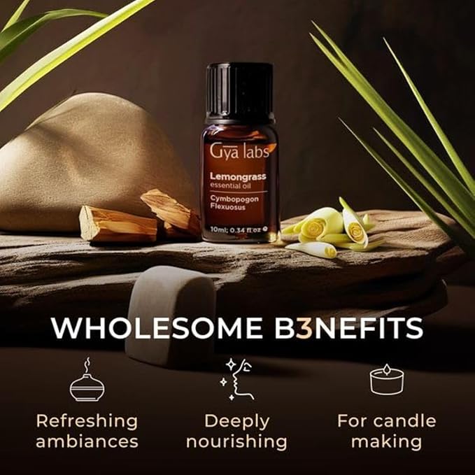 Gya Labs Lemongrass Essential Oil for Diffuser - 0.34 Fl Oz - 100% Pure Natural - Lemongrass Oil for Hair, Skin, Herbaceous, Candle Making Scent