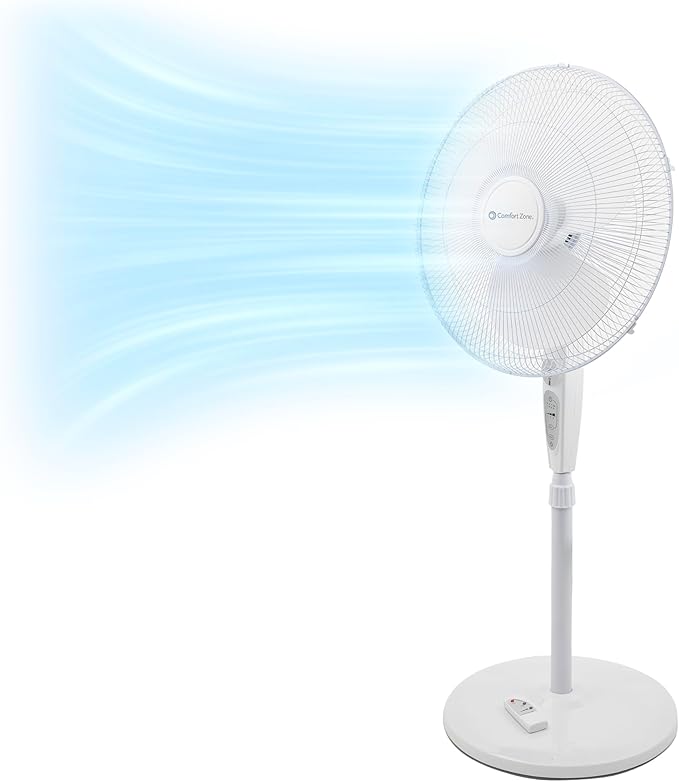 Comfort Zone 18-Inch Oscillating Pedestal Fan with Remote Control, 3-Speed Standing Fan with Adjustable Height (45–52”), Tilt, 4-Hour Timer & Auto Shutoff – Quiet Bedroom Fan, White