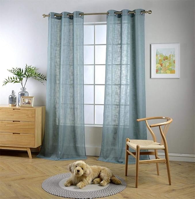 MIUCO Semi Sheer Curtains Poly Linen Textured Solid Grommet Curtains 84 Inches Long for Kids Room 2 Panels (2 x 37 Wide x 84" Long) Teal