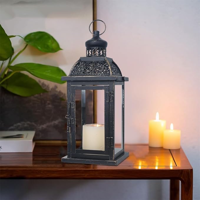NEEDOMO Large Candle Lanterns Decorative Indoor, 14.4" Outdoor Lantern with Clear Glass, Vintage Metal Candle Holders in Black, Patio Wedding Home Kitchen Coffee Table Livinig Room Decor