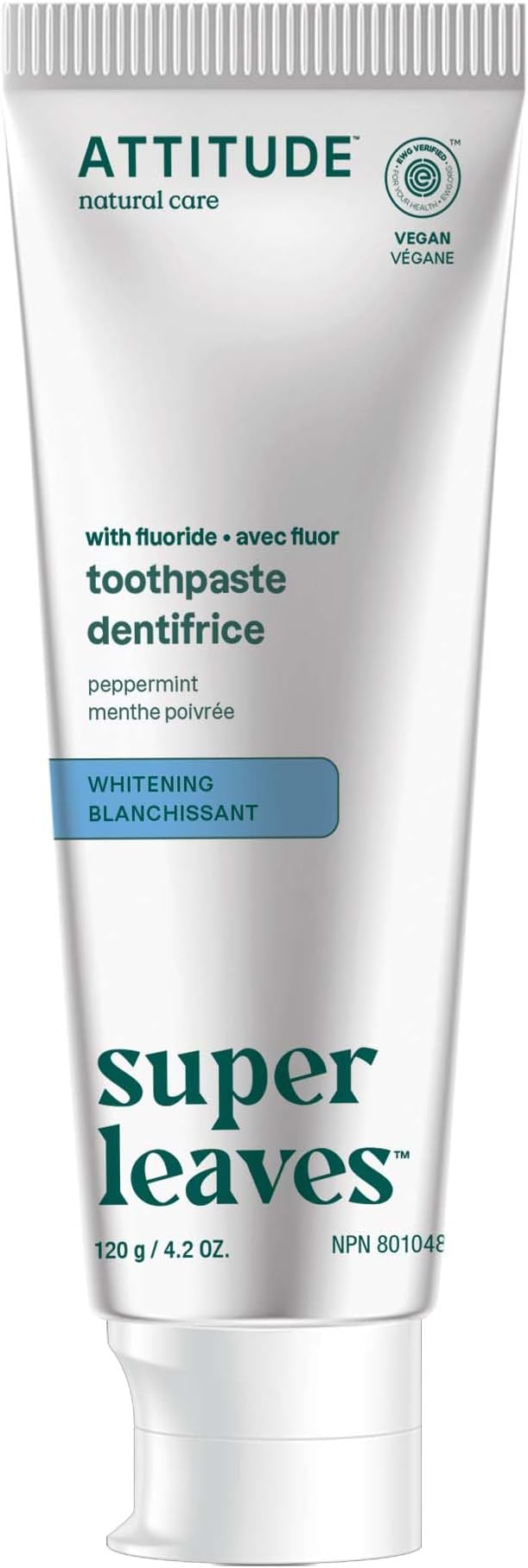 ATTITUDE Whitening Toothpaste with Fluoride, Peppermint Flavor, Vegan & Cruelty-Free, Sugar-Free, Plant & Mineral-Based Ingredients, Clean Oral Care, 4.2 Oz