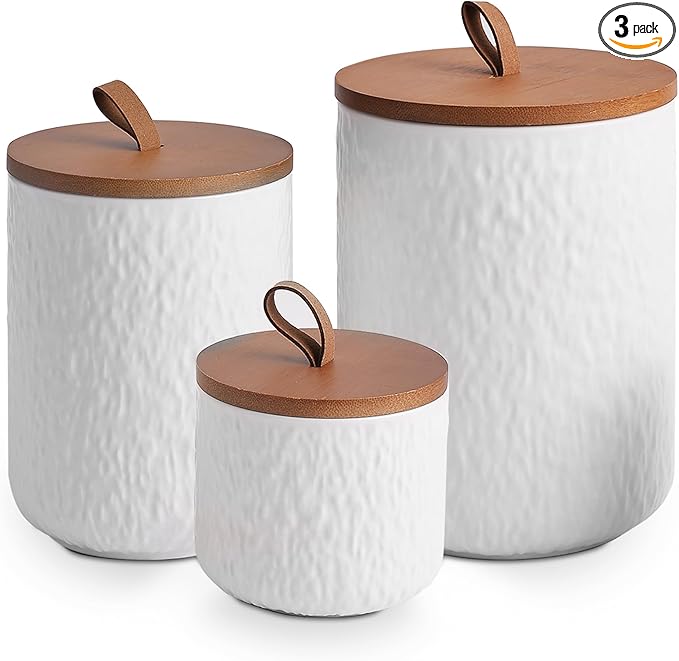 JOJUNO White Ceramic Canister Set with Wooden Lid, 3-Piece Airtight Food Storage Jars for Kitchen Counter - Flour, Sugar, Coffee, Tea, Spice - Small, Medium, Large Sizes - Stone Texture