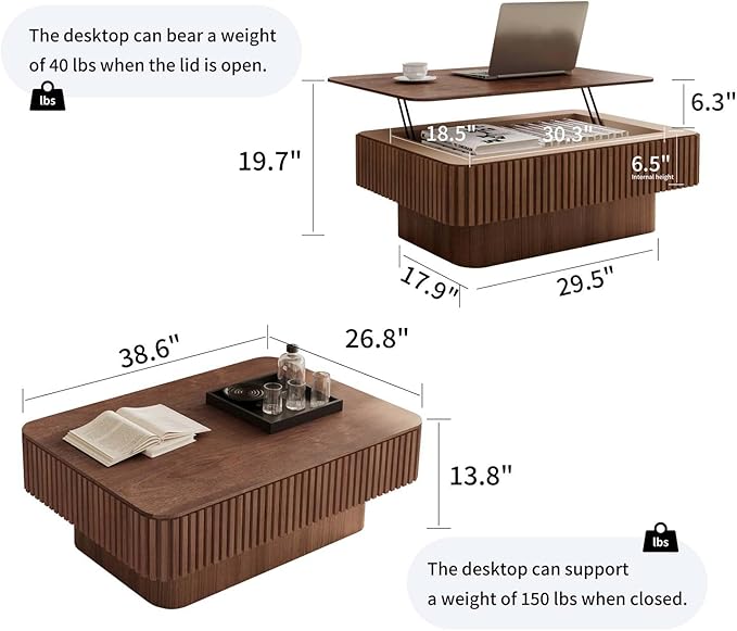 Lift Coffee Table with Storage & Adjustable Height, Solid Wood Coffee Table Fluted Center Table Accent Tea Table or Living Room, Apartment, Office (38.6" Walnut)