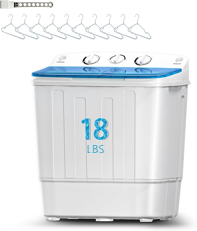 Portable Mini Twin Tub 18lbs Washing Machine With Drying Rack& 10 Hangers, 11lbs Washer & 7lbs Spinner, Small Laundry Washer with Time Control for Camping, Apartments, RV (18lbsBlue)