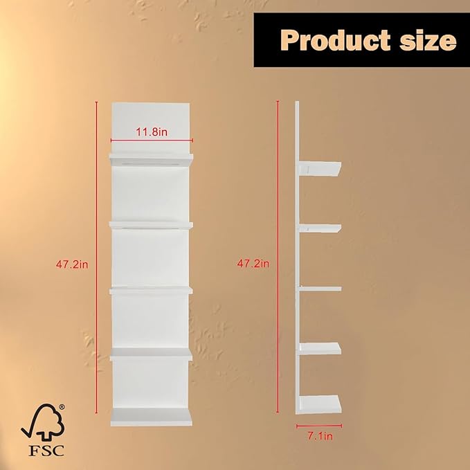 5 Tier Wall Shelf with Light, White Modern Vertical Lack Wall Shelves, Wall Mount, Floating Column Home Decor Shelves for Bedroom, Living Room, Vanity Storage Display