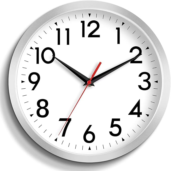 Wall Clock Small Analog 8 Inch Silent Non Ticking Battery Operated Modern Simple Decorative for Kitchen Office Bedroom Bathroom Living Room(Silver)