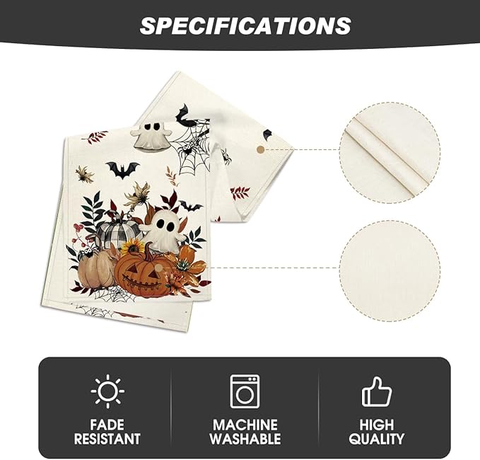 Artoid Mode Pumpkin Ghost Leaves Spider Web 210 GSM Halloween Table Runner, Spooky Kitchen Dining Table Decoration for Home Party Decor 13x108 Inch