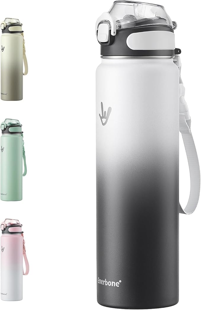 Enerbone 32 oz Insulated Water Bottle, Stainless Steel Bottle with Carrying Strap, Double-Wall Vacuum Insulation Design, Leakproof Sports Bottle with Straw, Keep Drinks Cold or Hot for Hours