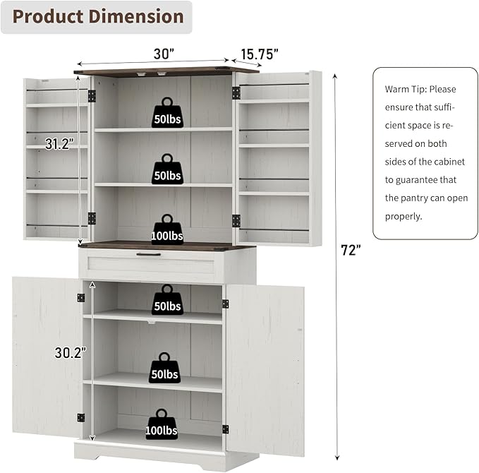 72'' Kitchen Storage Pantry Cabinet, Tall Storage Cabinet with 8 Door Shelves, 2 Cabinets and 1 Drawer, Freestanding Cupboard for Kitchen, Dining Room, Bathroom, Laundry, Off White