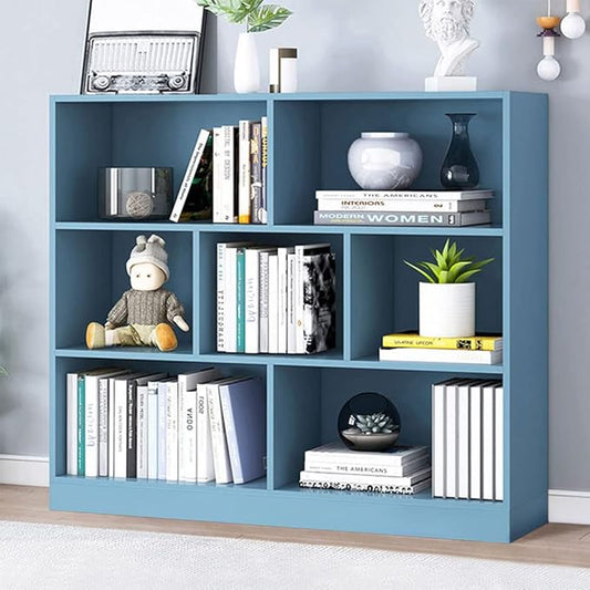 IOTXY Open Shelf Low Bookcase - Wooden 3-Tier Floor Standing Display Cabinet Organizer with Base, 7 Cubes Short Horizontal Bookshelf in Bright Blue