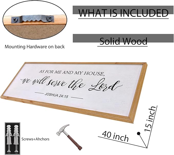As for Me and My House We Will Serve the Lord Wall Decor - 40" x 15" Large Rustic Family Living Room Wood Framed Home Sign Joshua 24 15 Christian Bible Verse Plaque Hanging Wall Art(Wood)