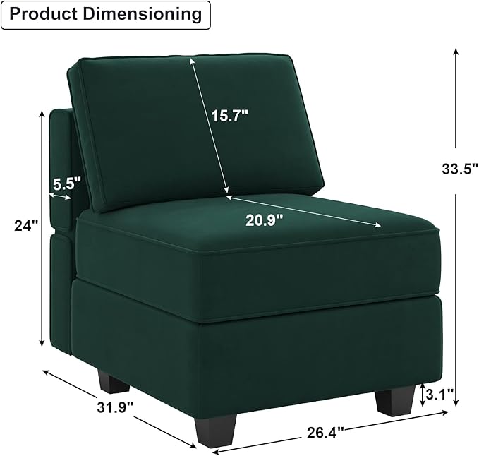 Belffin Modular Sofa Middle Module with Storage for Modular Sectional Sofa Couch Velvet Accent Armless Chair Green