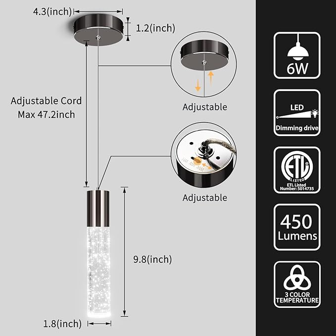 OKELI Modern Pendant Light,3Color LED Bubble Crystal Island Light Fixtures,Black Mini Pendant Lighting for Kitchen Island,Bar,6W,3000-6000K,ETL