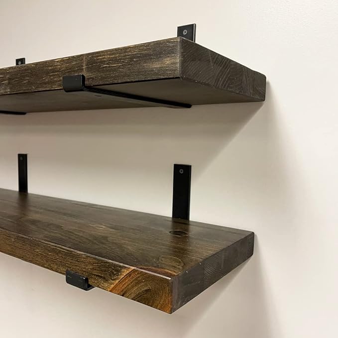 Rustic Shelves with J-Brackets Set of 2, Industrial Shelf, Kitchen Shelves, Solid Wood, Decorative Wall Storage, Heavy Duty, URBANDI (Dark Brown, 36Wx10D)