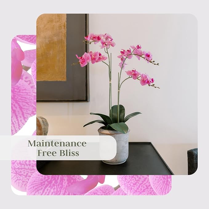 Faux Pink Orchid Plant, Premium Artificial Indoor Flower Display Stands 24”, Beautiful Sculptural Blooms That Lasts Forever, Grey Planter Pot Included