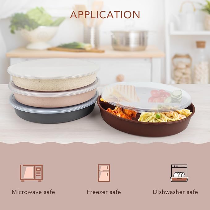greenandlife 9 Inch 4PCS Portion Control Plates with Lids, Divided Plates for Kids Adults, Dishwasher Microwave Safe Compartment Plate, Unbreakable Lightweight Reusable Wheat Straw Plate, Earth Tone