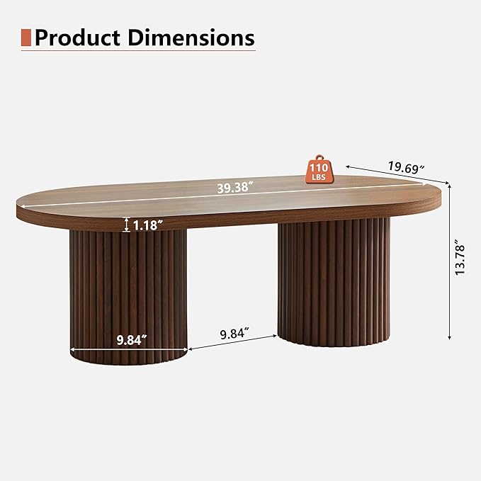 Oval Fluted Coffee Table, Farmhouse Wood Coffee Table Mid Century Modern Center Table Boho Living Room Tables for Living Room Office (Walnut, 19.69" D x 39.38" W x 13.78" H)