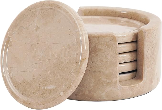 Marble Coasters Set of 6 Verona 3.5 Inch Round Coaster for Drinks with Holder, Drink Coaster for Tabletop & Coffee Table Decor, Ideal Home Decor House Warming Gifts