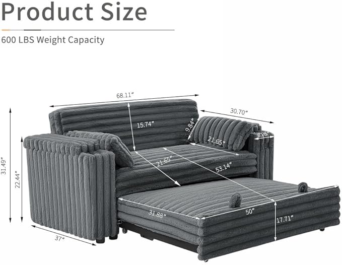 68.11" Corduroy Convertible Sofa Bed with USB Charging Port, Foldable Sleeper Chair with Pillows & Armrests, 3-in-1 Floor Couch for Living Room, Bedroom, Guest Room – Dark Gray