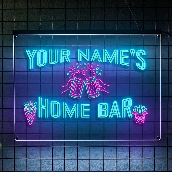 Personalized Home Bar Neon Sign LED Light Up Bar Wall Decor with Beer Mugs and Snacks Icons for Home Pub Kitchen Lounge Man Cave Party Room Custom Name Gift