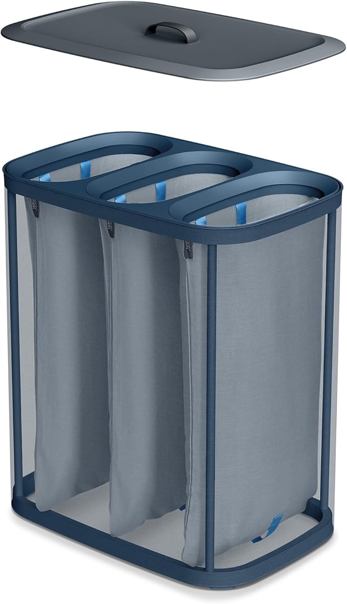Joseph Joseph Tota Trio 90 liter/23.8 gallon Laundry Hamper Separation Basket with lid, 3 Removable Washing Bags with Handles- Black