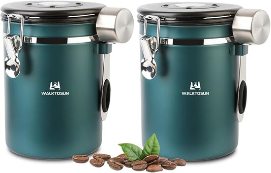 Coffee Canister Airtight Storage Container Stainless Steel Air Tight Coffee Jar with Scoop, Date Tracker CO2 Release Valve for Dry Food, Beans, Ground, Tea, Flour, Cereal and Sugar (1.8L,Green,2Pcs)