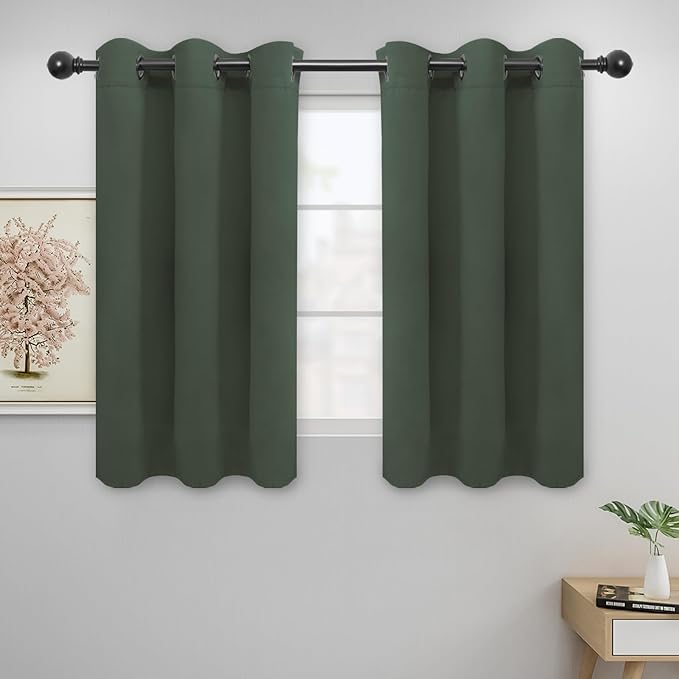 Easy-Going Blackout Curtains for Bedroom, Solid Thermal Insulated Grommet and Noise Reduction Window Drapes, Room Darkening Curtains for Living Room, 2 Panels (42x45 in, Greyish Green)