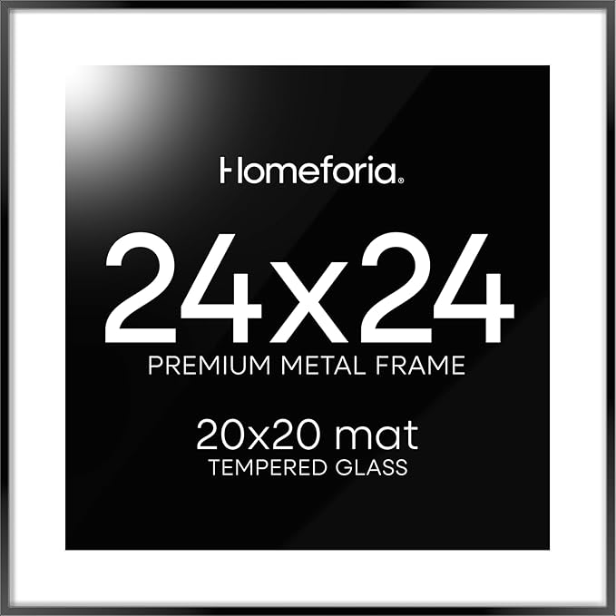 Homeforia 24x24 Picture Frame Black, High End Metal 24 x 24 Large Square Poster Frame Matted to 20 x 20 in Photo, 24by24 Thin Black Frames with Mat 20x20 inch Print, Tempered Glass, Wall Kit, Set of 1