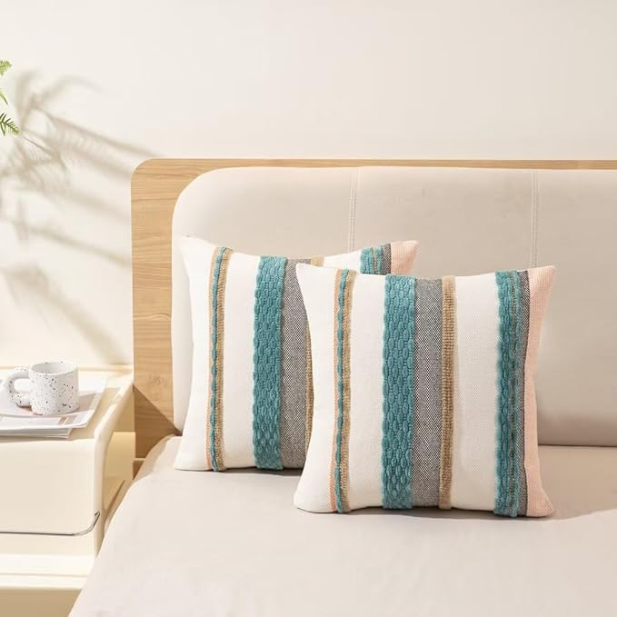 Boho Throw Pillow Covers 18x18 Set of 2 Farmhouse Decorative Cushion Case Striped Square Pillows Cover Chenille Pillow Cases Accent Neutral Pillowcase for Sofa Couch Bed,Blue