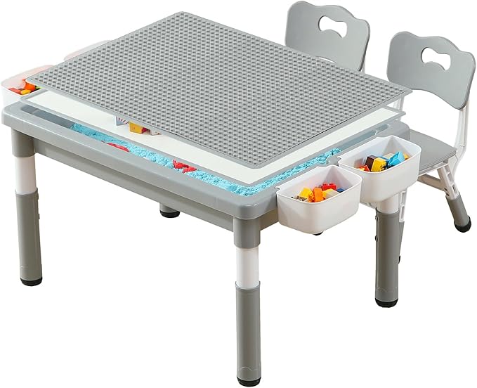 Multi Functional Kids Table and 2 Chairs Set, Graffiti & Building Blocks Double-Sided Tabletop, Toddler Play Table with Drawers, Large Storage Space, Gift for Boys/Girls, Gray