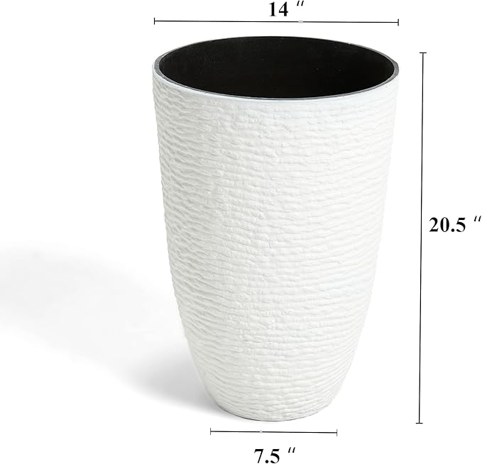 Worth Garden 2-Pack 21" H. White Tall Planters - 14'' Dia Resin Large Round Flower Pots for Outdoor Plants Trees - Imitation Stone Finish Plastic Indoor Front Porch 9 Gallon Decorative Container Patio