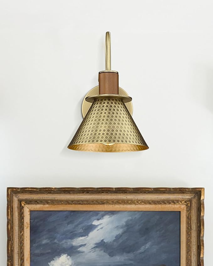 Barn Sconce Wall Lighting, HWH Gooseneck Wall Sconces Indoor Wall Lights, 1-Light Vanity Wall Lamp for Bathroom Bedroom Bedside Kitchen, Hammered Metal Shade, Antique Brass Finish, 5HZG74B BG