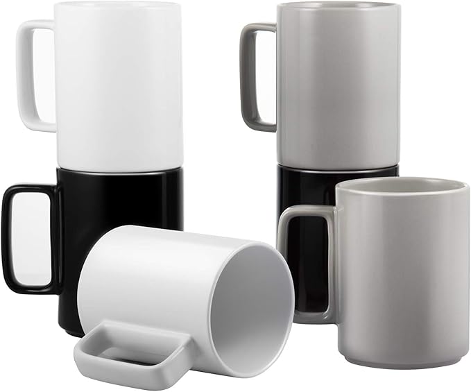 E-liu Porcelain Tea Mugs Coffee Mug Set, Large 15 Ounces Cups for Coffee, Tea, Cocoa, and Mulled Drinks, Set of 6, BlacK White Grey
