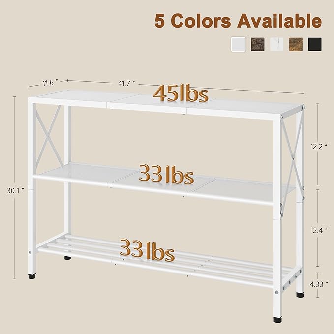 Hoctieon White Industrial Console Table, 3 Tier Entryway Tables, Hallway Desk, Narrow Sofa Tables with Shelves, Entrance Table for Entryway, Living Room, Foyer, Hallway, Office, White