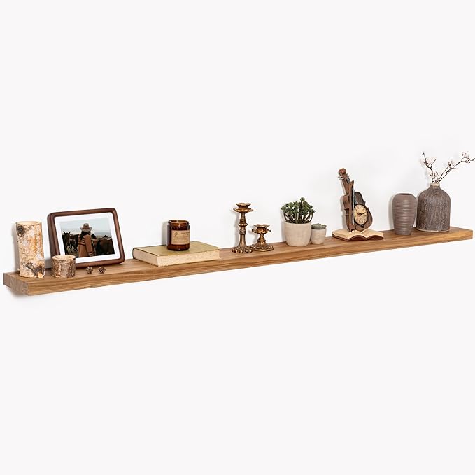 72" Floating Shelves for Wall, Rustic Elm Wood Floating Shelf for Home Decor, Wall-Mounted Display Shelves with Heavy-Duty Bracket, Long Floating Shelf for Bathroom, Kitchen, Natural Color