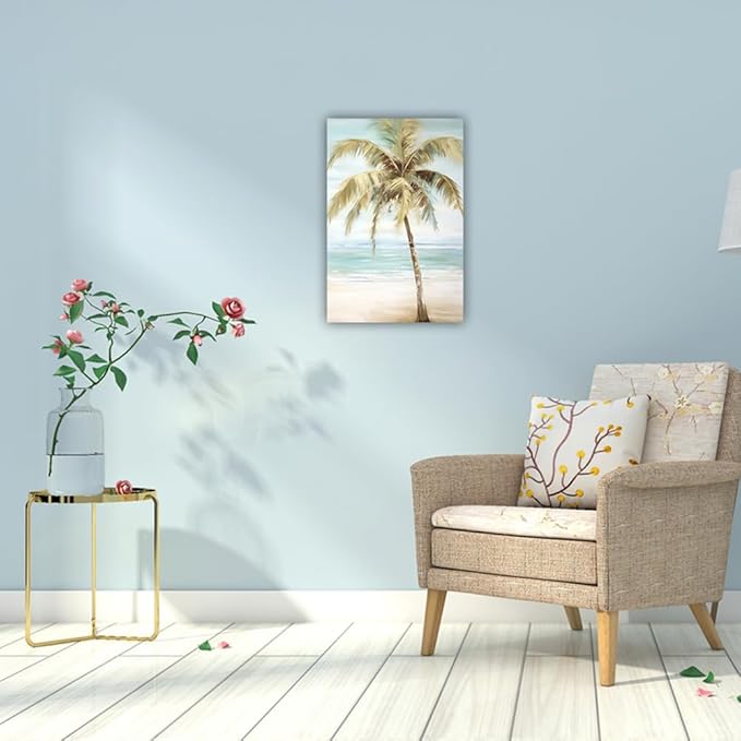 LURENCZH Tropical Beach Canvas Wall Art Seaside Palm Tree Picture Wall Decor Ocean Scenery Painting Prints for Bathroom Decor Framed(Beach-1,16.00" x 24.00")