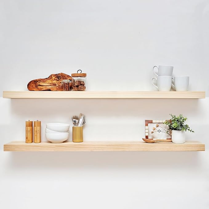 Homeforia 60 inch Wood Floating Shelf, High End Solid Natural Long Wood Shelf for Wall 60 inches, Unfinished Wooden 60inch Large Floating Shelves, Heavy Duty Bracket, 60 X 6.5 X 1.75 in, Set of 2