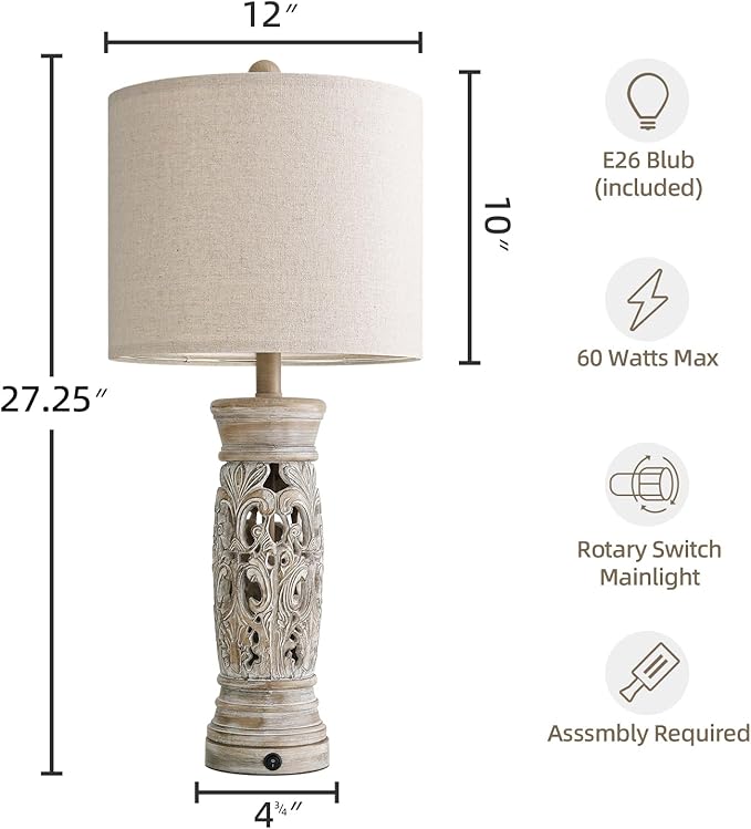 BOBOMOMO 27.25” Rustic Farmhouse Table Lamps Set of 2 – Vintage Bedside Lamps with Night Light & USB A+C Ports, Retro Lamps for Bedroom, Living Room, Entryway, Cozy Corner (Bulbs Included)