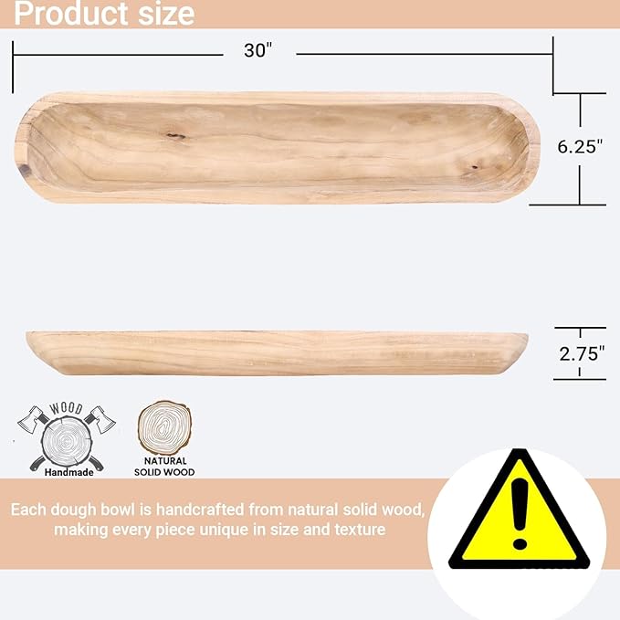 Athaliah Wooden Dough Bowl, 30 Inch Hand Carved Rustic Long Wood Dough Bowls for Decor, Vintage Decorative dough bowl for Table Centerpiece (30 Inch-Brown)