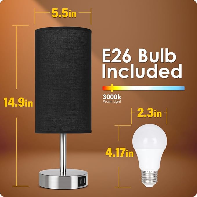 Bedside Lamp with USB Port - Touch Control Table Lamp for Bedroom Wood 3 Way Dimmable Nightstand Lamp with Round Black Shade for Living Room, Dorm, Home Office (LED Bulb Included) (Blacl2)