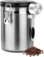 Coffee Canister Airtight Storage Container 1.8L Stainless Steel Air Tight Coffee Jar with Scoop, Date Tracker CO2 Release Valve for Dry Food, Beans, Ground, Tea, Flour, Cereal and Sugar (Silver)