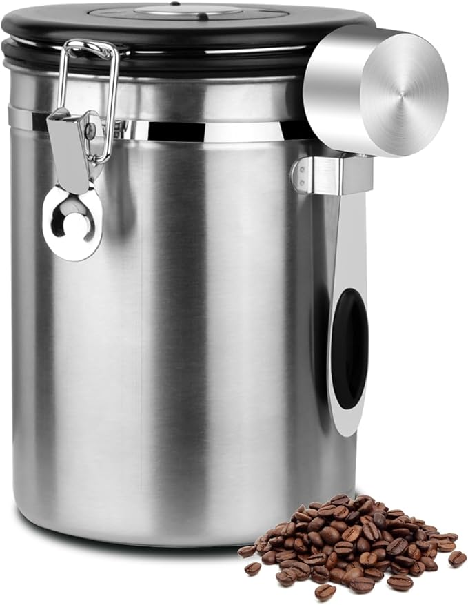 Coffee Canister Airtight Storage Container 1.8L Stainless Steel Air Tight Coffee Jar with Scoop, Date Tracker CO2 Release Valve for Dry Food, Beans, Ground, Tea, Flour, Cereal and Sugar (Silver)