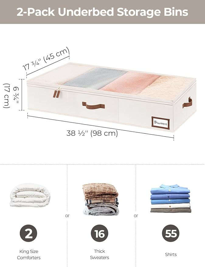 StorageWorks Extra Large Under Bed Storage Containers with Handles and Label Holder, 2 Pack Ultra-thick Fabric Underbed Bins, Closet Organizer for Clothes, Blankets, Sweater